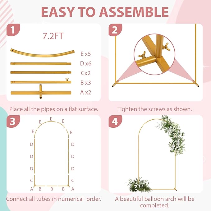 Tamodan 7.2 ft Arch Backdrop Stand, Gold Metal Wedding Arch Stand for Ceremony, Birthday Party, Bridal Baby Shower, Arch Stand for Floral, Balloon, Photo Booth Decorations