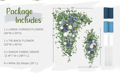 Wedding Arch Flowers with Drapes Kit (Pack of 5) - 2pcs Artificial Dusty Blue & Cream Deluxe Swag with 3pcs Hanging Drapes for Wedding Ceremony Arbor Reception Backdrop Rose Floral Decorations