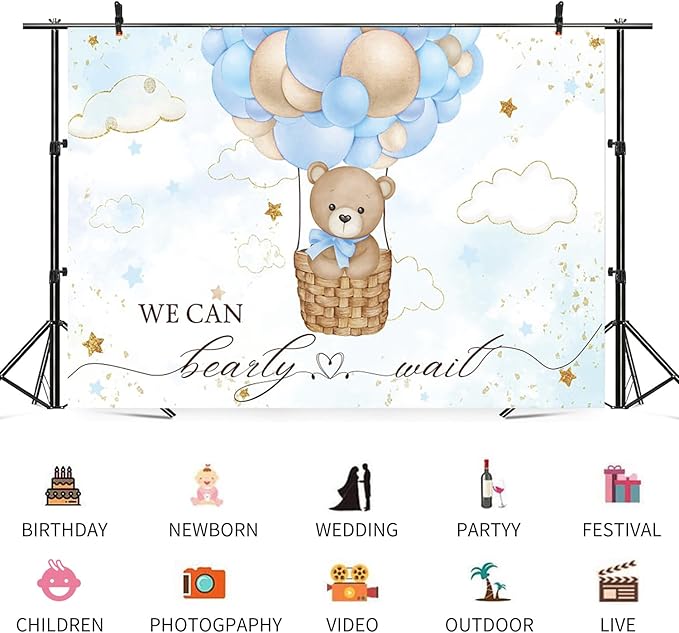 10x8ft Baby Shower Backdrop Bear Hot Air Balloon Photography Background Blue Brown Balloons White Cloud Glitter Gold Stars Birthday Party Banner Decorations Newborn Parties Photo Booth Prop
