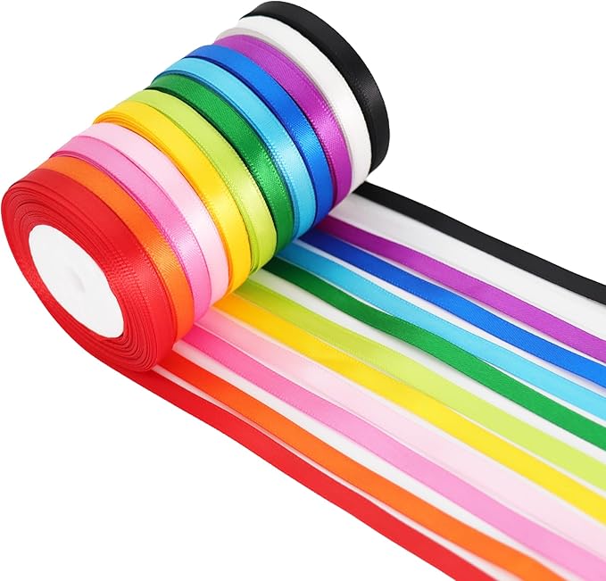 Multicolor Satin Ribbons for Crafting Rainbow Colorful Ribbon for Gift Wrapping Birthday Party Decorations, Double Face Thin Ribbon Hair Ribbons 12 Colours 1/4" X 10Yards Each Total 120 Yds
