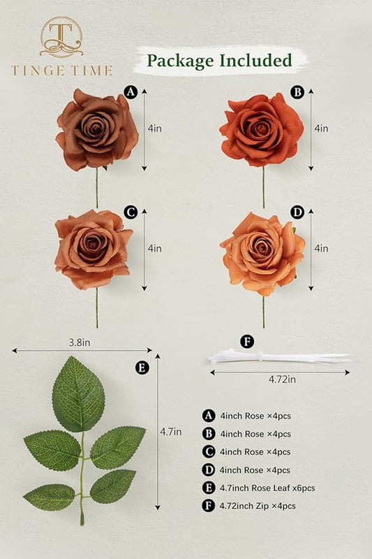 TINGE TIME Artificial Flowers Combo Box Set 16pcs Fake Rose Silk Flower with Stem for DIY Wedding Bouquets Centerpieces Baby Shower Party Home Fall Decoration (Gradient Terracotta)