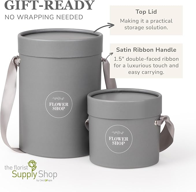 4 Flower Bouquet Hat Boxes | 2 Per Size Round Floral Arrangement Vase | Satin Ribbon Handle & Waterproof Liner | Gift Box for Flowers with Lids | Grey