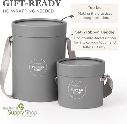 4 Flower Bouquet Hat Boxes | 2 Per Size Round Floral Arrangement Vase | Satin Ribbon Handle & Waterproof Liner | Gift Box for Flowers with Lids | Grey