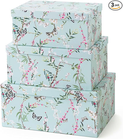 Soul & Lane Butterflies in Flight Photo Storage Boxes (Set of 3): Nesting Boxes with Lids, Floral Decorative Cardboard Containers, Paperboard Picture Storage for Photos, Nature Decor Cartons