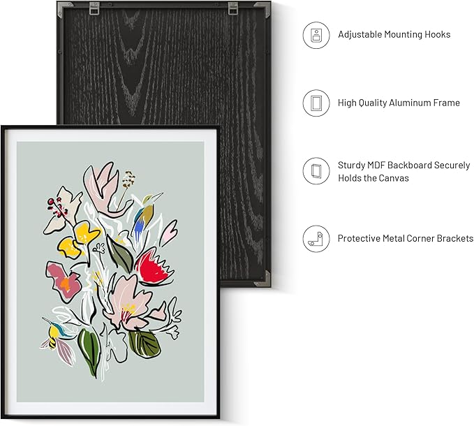 Abstract Floral Framed Wall Art for Bedroom, Colorful Botanical Canvas Prints, Hummingbird Painting Picture, Flower and Bird Wall Decor for Living Room Apartment Dorm Gallery, Hand-drawn Style Canvas Wall Art, Gifts for Friends & Family – 24" x 18"