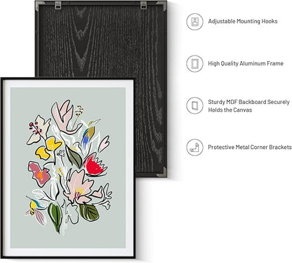 Abstract Floral Framed Wall Art for Bedroom, Colorful Botanical Canvas Prints, Hummingbird Painting Picture, Flower and Bird Wall Decor for Living Room Apartment Dorm Gallery, Hand-drawn Style Canvas Wall Art, Gifts for Friends & Family – 24" x 18"