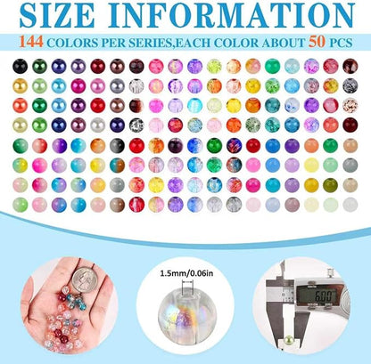 XSEINO About 7200PCS 6mm Glass Beads Bracelet Making Kit,144 Assorted Designs Special Color Series Crystal Floral Pearl Crack Ink Dual Colorful Beads for Bracelet and DIY Crafts and Jewelry Making