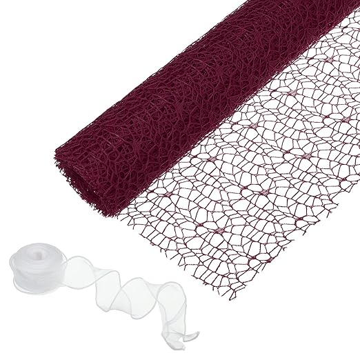 PATIKIL Flower Wrapping Mesh Paper, 15ft Floral Bouquet Craft Packaging Hollow Net Yarn with Ribbon for Flowers Gift Packaging, Burgundy Red