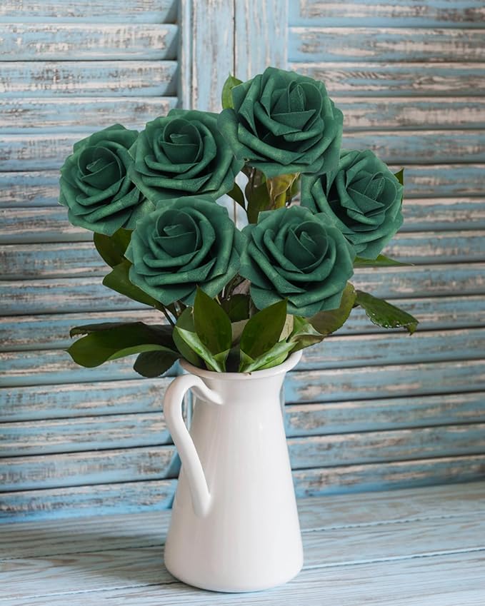 JOYLEX 100Pcs Peacock Green Artificial Flowers Realistic Roses, Real Looking Fake Roses with Stem for DIY Wedding Bouquets Centerpieces Party Home Romantic Decorations (Peacock Green, 100pcs)
