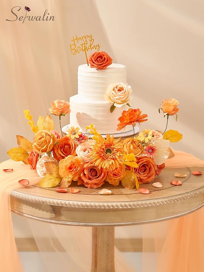 Serwalin Artificial Fall Flowers, Orange Silk Fake Flowers with Stems, Autumn Sunflower Faux Flowers for Wedding Bridal Baby Shower Party DIY Craft Home Cake Decoration