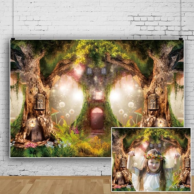 Leowefowa 10x7FT Enchanted Garden Backdrop Magic Tree House Fairy Tale Wonderland Woodland Background Wedding Baby Shower Birthday Party Banner Cake Smash Decors Studio Portrait Photobooth Shoot Props