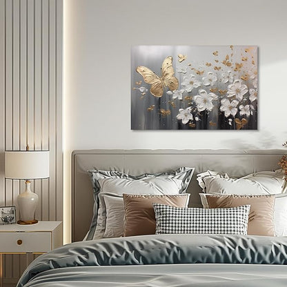 KPLUNDO Glod Butterfly Wall Art White Flower Canvas Prints Wall Decor Gray Poster Landscape Picture Modern Artwork Home Decor for Office Living Room Bedroom Bathroom Decoration(Art-1,20.00x30.00 inch)