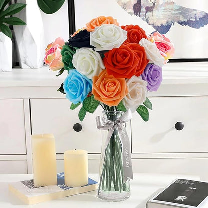 [25PCS] Red Roses Artificial Flowers with Long Stem Real Touch Fake Foam Roses for Decoration DIY Wedding Bouquets Centerpieces Bridal Shower Mothers Day Party Flower Arrangements Home Decor