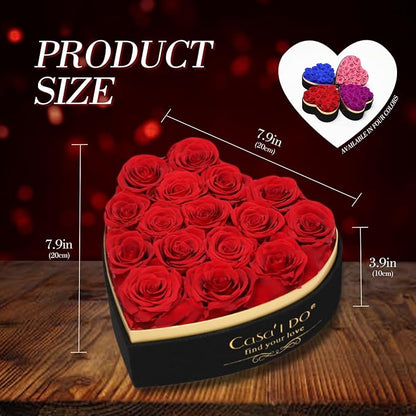 Preserved Roses Flowers for Delivery 16 Pcs, Forever Flores in Heart Box with Necklace, Eternal Rose Anniversary Birthday Gift for Women Wife Girlfriend, Rosas for Valentines Christmas, Red
