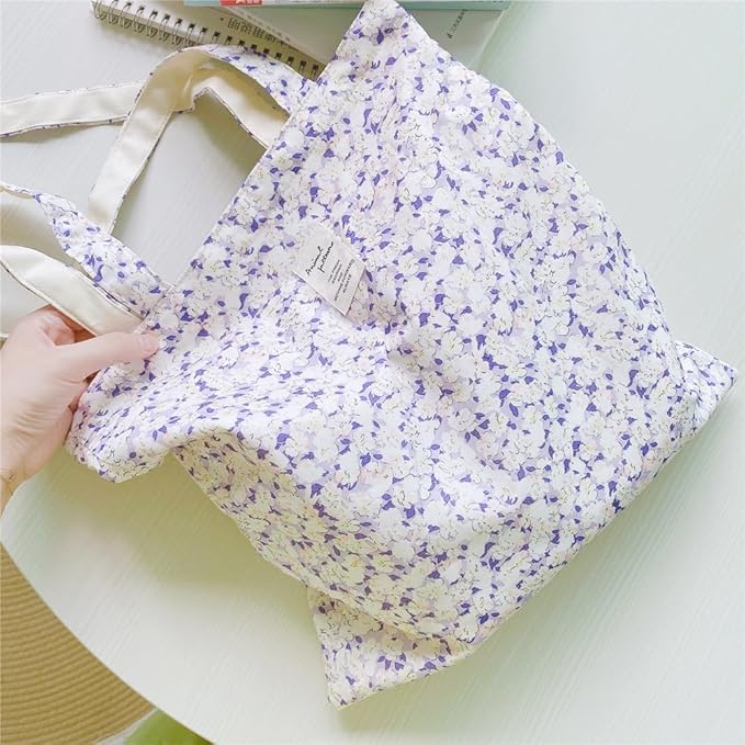 Cotton Canvas Tote Bag Reusable Soft Grocery Cloth Bag Floral Shoulder Bag for Beach Travel Shopping
