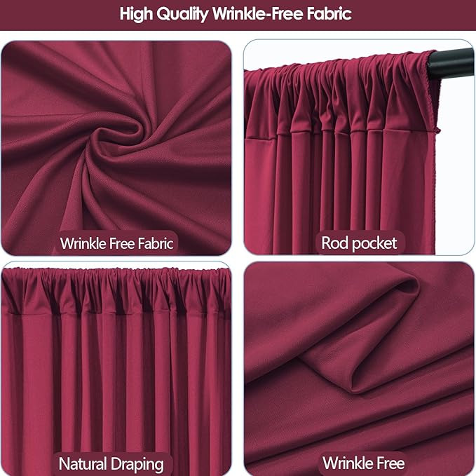 20x10ft Wrinkle Free ‌Burgundy Backdrop Curtain for Parties Soft Fabric Drapes Wedding ‌Curtain Backdrop for Birthday Party Decorations Background for Photography 5x10ft, 4 Panels