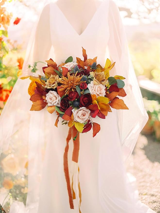 Rinlong 16" Wide Fall Wedding Bouquets for Bride Burnt Orange Bridal Bouquet for Wedding Artificial Terracotta Bouquets Boho Flowers