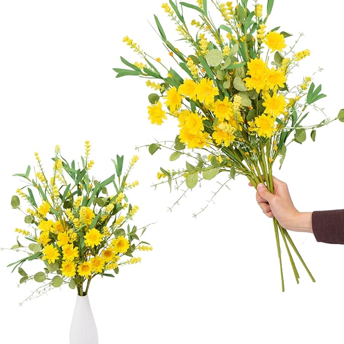 Artificial Flower 23 Inch 6 Pack Faux Yellow Daisy Eucalyptus Stem with Greenery - Realistic Spring Summer Floral for Home, Wedding, DIY Bouquets and Wreath