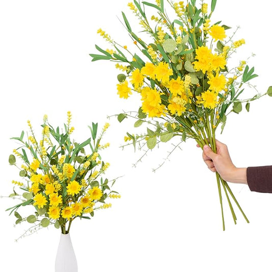 Artificial Flower 23 Inch 6 Pack Faux Yellow Daisy Eucalyptus Stem with Greenery - Realistic Spring Summer Floral for Home, Wedding, DIY Bouquets and Wreath