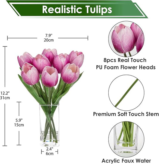 Briful Fake Flowers Artificial Tulip Flower in Clear Vase, Purple Real Touch Foam Tulip Arrangement Suitable for Home Office Decoration, Dining Table Centerpiece
