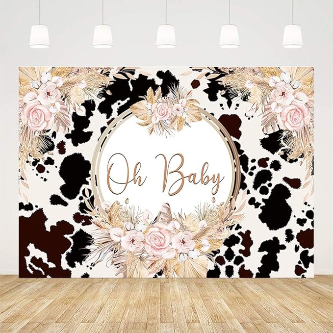 7x5ft Boho Holy Cow Baby Shower Backdrop Oh Baby Black and White Cow Print Bohemia Pink Floral Pampas Grass Photography Background Farm Theme Party Decoration Banner Supplies Photo Studio Props