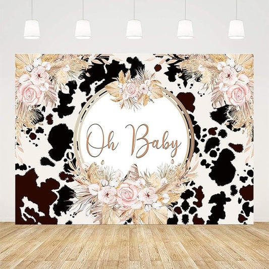 7x5ft Boho Holy Cow Baby Shower Backdrop Oh Baby Black and White Cow Print Bohemia Pink Floral Pampas Grass Photography Background Farm Theme Party Decoration Banner Supplies Photo Studio Props