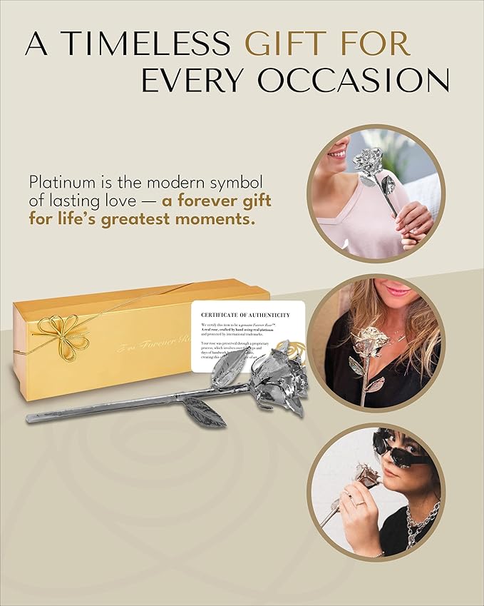Forever Rose Real Rose Dipped in Platinum, Handcrafted Preserved Rose in Luxury Gold Gift Box, Romantic Gift for Her, Elegant Keepsake for Anniversary, Birthday, or Any Special Occasion