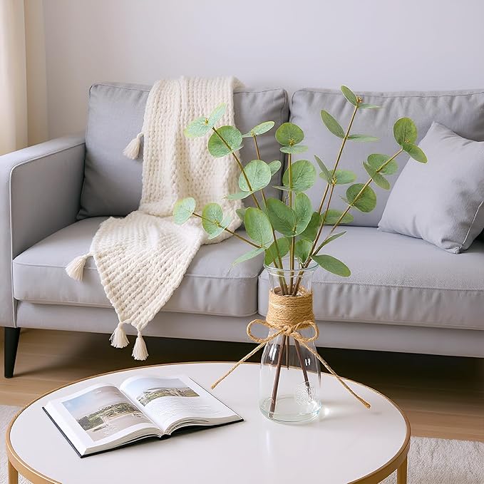 ALAGIRLS Artificial Eucalyptus Stems in Glass Vase with Faux Water,3pcs 13.77" Fake Eucalyptus Plant with Realistic Green Leaves,Plastic Plant Indoor Decor for Bathroom,Living Room,Office