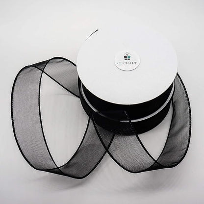 CT CRAFT LLC Sheer Organza Wired Ribbon 1.5" x 25 Yards x 2 Rolls Black for Wedding Chair Bow Flora Bouquet Gift Wrapping Christmas Tree Home Decor Wreath