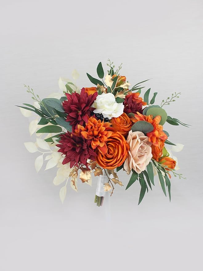 Rinlong 12.5 Inch Fall Wedding Bouquets for Bride Burnt Orange Bridal Bouquet for Wedding Artificial Terracotta Bouquets Boho Silk Flowers for Wedding Ceremony