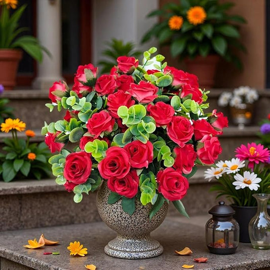 40 Heads Artificial Roses Flowers for Outdoors,4 Bunches Fake Silk Red Rose Plastic Flower UV-Resistant Faux Floral Bouquet Arrangements for Outdoor Vase Planters Garden Outside Decoration