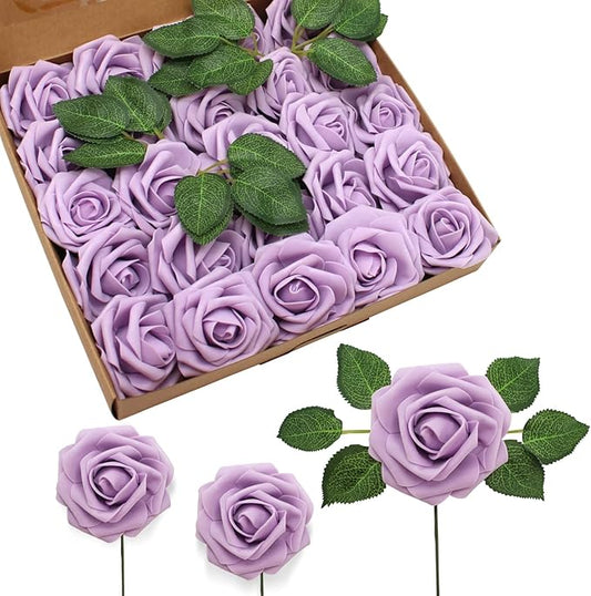 JOYLEX Artificial Flowers Realistic Roses, 100pcs Real Looking Fake Roses with Stem for DIY Wedding Bouquets Centerpieces Bridal Shower Party Home Romantic Decorations (Light Purple)