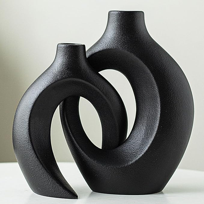 Black Vases Home Decor Set of 2, Ceramic Black Small Flower Vase, Minimalist Boho Decorative Modern Donut Vase for Farmhouse Living Dining Room Office Entryway Bookshelf Coffee Table Décor