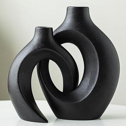 Black Vases Home Decor Set of 2, Ceramic Black Small Flower Vase, Minimalist Boho Decorative Modern Donut Vase for Farmhouse Living Dining Room Office Entryway Bookshelf Coffee Table Décor