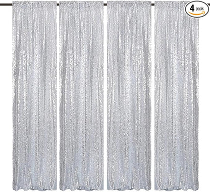 Silver Sequin Backdrop 2FTx8FT 4 Panels Silver Backdrop Curtains for Parties Glitter Backdrop Photo Background for Wedding Baby Shower