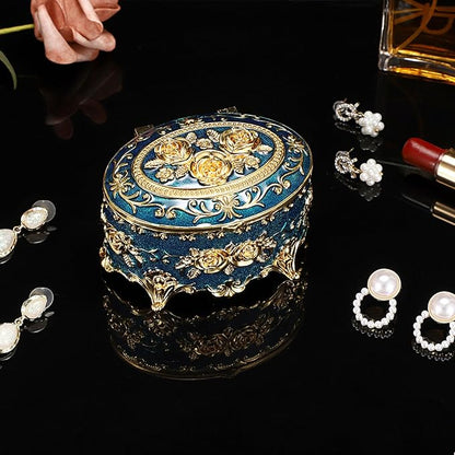 Hipiwe Vintage Metal Jewelry Box - Oval Trinket Box Ring Case with Rose Pattern Jewelry Storage Box for Ring Earrings Necklace, Keepsake Box for Women