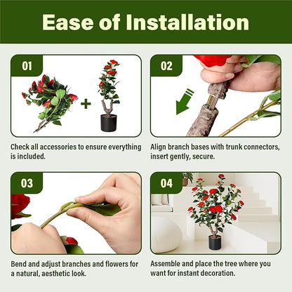 Artificial Camellia Tree,2Pack 3FT Faux Red Camellia Plants in Pots,Lifelike Artificial Flower Trees for Indoor Outdoor Home Decor,Realistic Blooming Faux Plants for Living Room Porch Patio Office