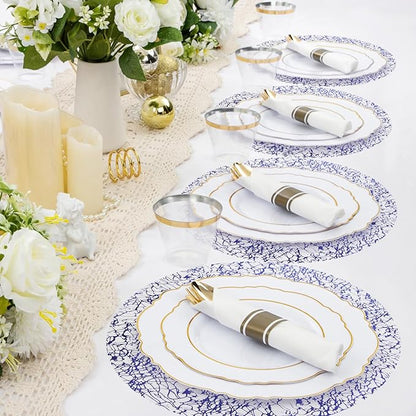 Hysenm 50 Pcs Disposable Blue Placemats Set Metallic 13 Inch Round Table Doilies, Ultra-Thin Messy Lines Disposable Placement Mats for Home Decoration Dining Table Wedding Birthday Party