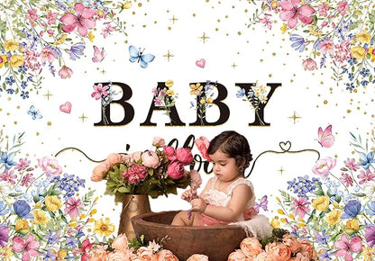 Baby in Bloom Backdrop Wildflower Baby Shower Party Photography Background Spring Floral Gold Glitter Butterfly Banner for Girls Baby Shower Newborn Birthday Party Decorations (82x59 inch (7x5FT))