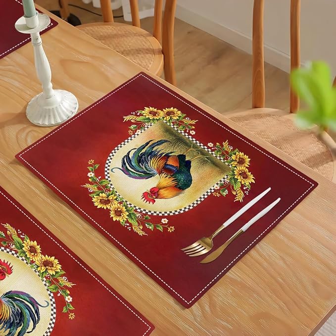 Rooster Sunflower Placemats Set of 6, Farmhouse Country Farm Chicken Animal Red Double-Sided Table Mats for Kitchen Dining Room Home Party Indoor Decor 6 PCS 12x18 Inch