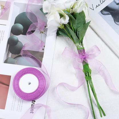Light Purple Ribbon for Gift Wrapping 1 inch Sheer Organza Ribbon for Flower Bouquet Tulle Thin Chiffon Ribbons for Wedding Invitations Presents Decorations Crafts 50 Yards
