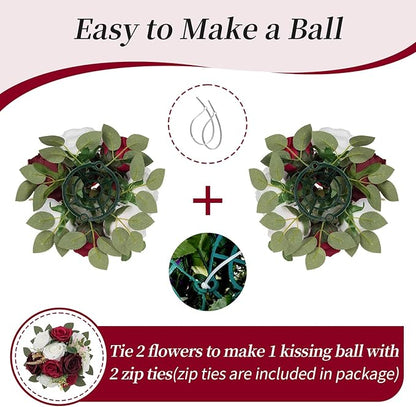 BLOSMON Artificial Flowers Ball Wedding Centerpieces 10 Pcs Burgundy Rose Artificial Flower Center Pieces Decoration for Table Silk Kissing Ball Faux Floral Bouquet Arrangements Home Party DIY Decor