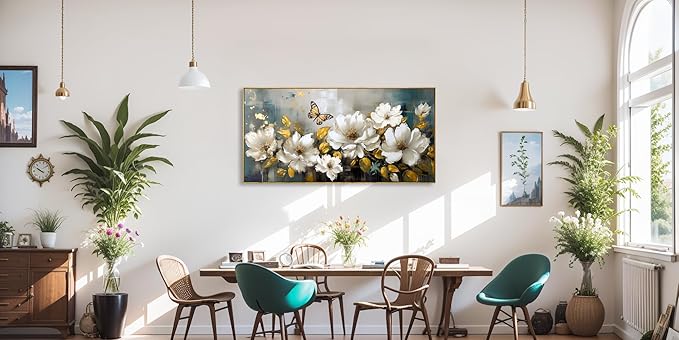 Wall Art Modern Flower Artwork Paintings White Blossom Gold Leaf Butterfly Landscape Picture wall Decor for Living Room Bedroom Kitchen 24"x48" with Framed