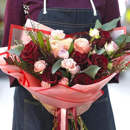 Jutieuo 20 Sheets Red Flower Wrapping Paper, Waterproof Floral Wrap Red Edge Bouquet Wrapping Paper Florist Supplies (22.8 x 22.8 inch)