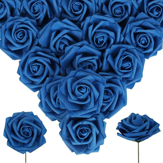 Royal Blue Roses 50PCS Artificial Blue Roses with Stems 2.95" Realistic Fake Blue Roses Foam Flowers for Baby Shower Centerpieces Kissing Ball Table Decor for Party (Royal Blue)