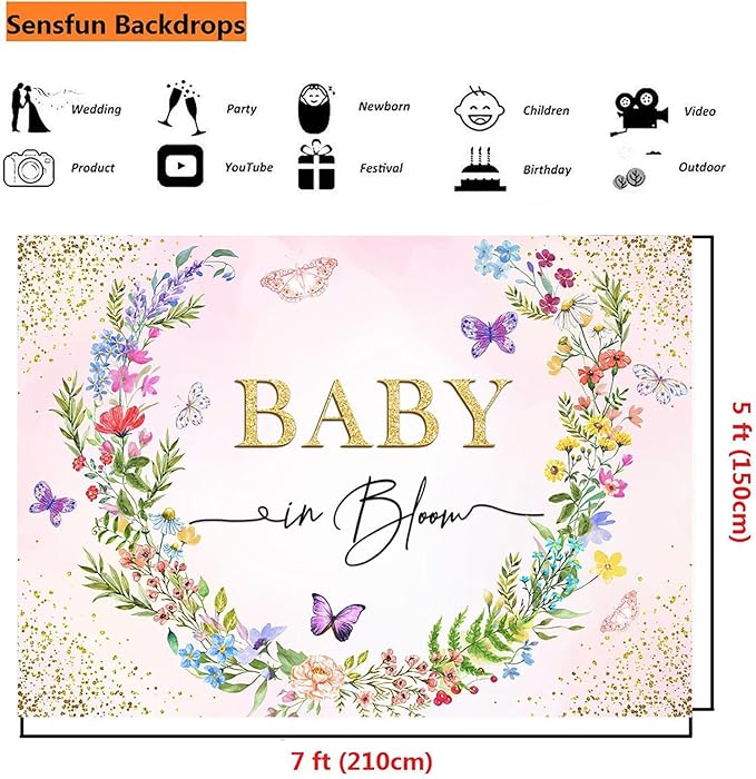 Sensfun Wild Flower Baby in Bloom Baby Shower Backdrop Banner Party Decorations,Pink Floral Butterfly Backdrops for Girls Wildflowe Baby Shower Newborn Photography Background Photo Booth Props 7x5ft