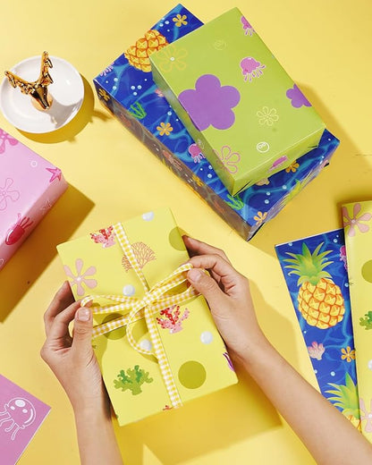 Pineraap Yellow Cartoon Wrapping Paper 12 Sheets Tropical Ocean Themed Gift Packing Paper Water Grass Jellyfish Flowers Pineapple Wrap Paper for Baby Shower Birthday Party Supplies, 20"×28"