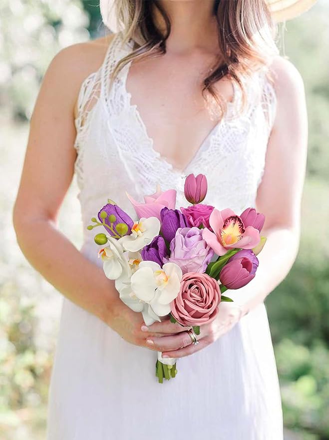 Rinlong 9.8 Inch Silk Posy Bouquet Wedding Bouquets for Bride Artificial Tulips Small Bridal Bouquet for Wedding Ceremony Dark Pink