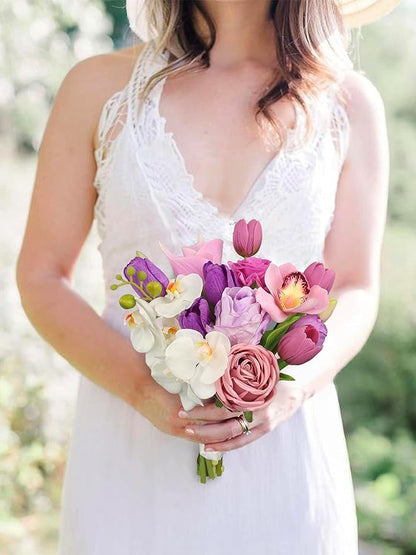 Rinlong 9.8 Inch Silk Posy Bouquet Wedding Bouquets for Bride Artificial Tulips Small Bridal Bouquet for Wedding Ceremony Dark Pink