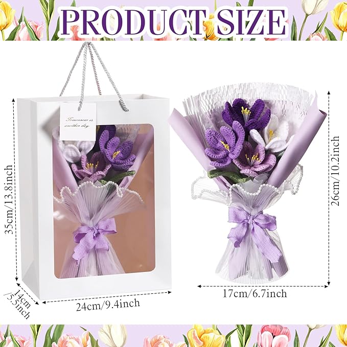 Crochet Flowers Bouquet Gift Christmas Crochet Flower Tulips Completed Handmade Knitted Bouquet with Card for Women Girlfriend Lover Appreciation Gift Birthday Wedding Teacher Decor(Purple)